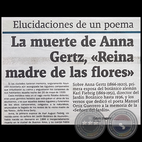LA MUERTE DE ANNA GERTZ, «REINA MADRE DE LAS FLORES» - Por CÁTALO BOGADO -  Domingo, 22 de Enero de 2017